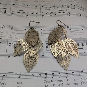 Gold Leaf Filigree Dangle Earrings - Layered Metallic Drop